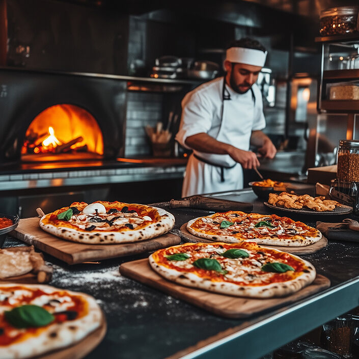 chef cooking pizzas in a pizza shop